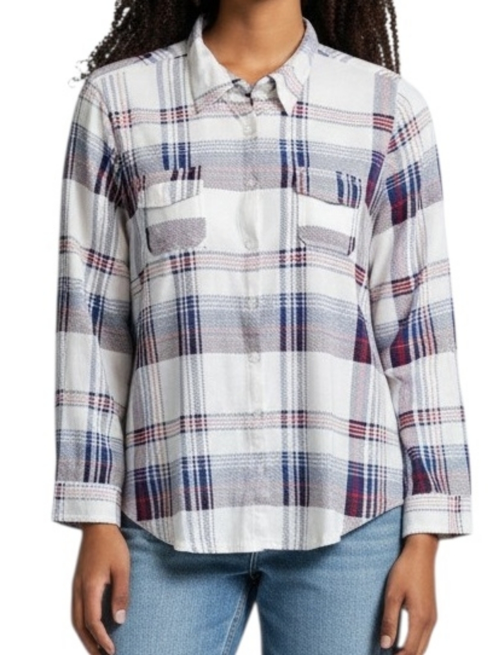 New York Laundry White Plaid Shacket with Blue & Red Accents
